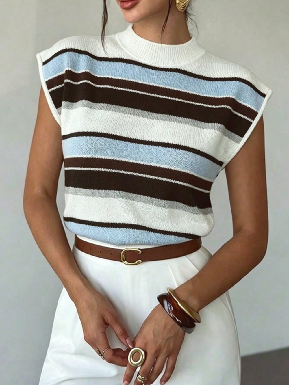 White Casual Women's Striped V Neck Slim Fit Batwing Sleeve Knit Sweater Vest